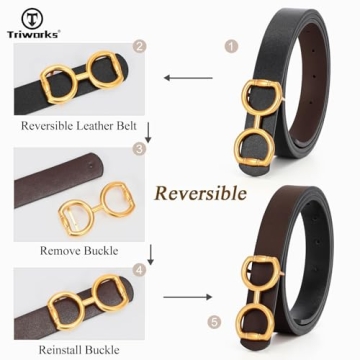 TRIWORKS Women Leather Belt Reversible with Gold Buckle