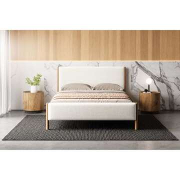 Omax Decor Liana Modern Style Upholstered Platform Bed with Soft Boucle Fabric and Solid Wood Legs - Box Spring Not Required - White Boucle, Queen Size