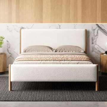 Omax Decor Liana Modern Style Upholstered Platform Bed with Soft Boucle Fabric and Solid Wood Legs - Box Spring Not Required - White Boucle, Queen Size