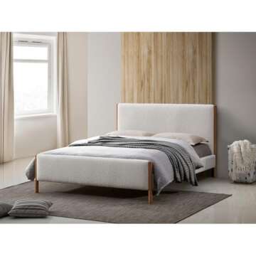 Omax Decor Liana Modern Style Upholstered Platform Bed with Soft Boucle Fabric and Solid Wood Legs - Box Spring Not Required - White Boucle, Queen Size
