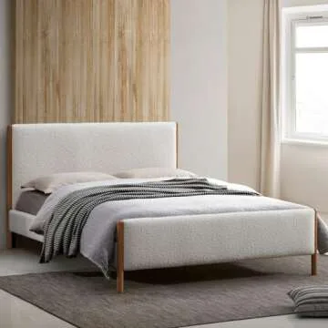 Omax Decor Liana Modern Style Upholstered Platform Bed with Soft Boucle Fabric and Solid Wood Legs - Box Spring Not Required - White Boucle, Queen Size