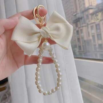 SMUOBT Bow Keychain Key Chains for Women Car Keychain Purse Keychain Pearl Keychain Cute Keychain Bow Keychain Accessories,White