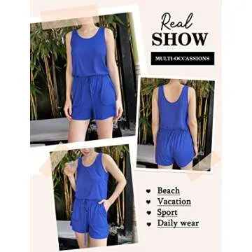 ADOME Rompers for Women Summer Casual Sleeveless Jumpsuit Tank Top Short Romper with Pockets Blue S