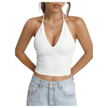SOLY HUX Women's Sexy Deep V Neck Halter Crop Tops Summer Sleeveless Tie Backless Cami Top Solid Whi...