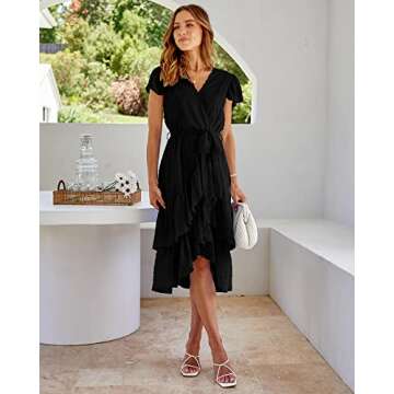 BTFBM Women Casual V Neck Dresses Boho Short Sleeve Chiffon Swiss Dot Belted Ruffle Wrap 2024 Summer...