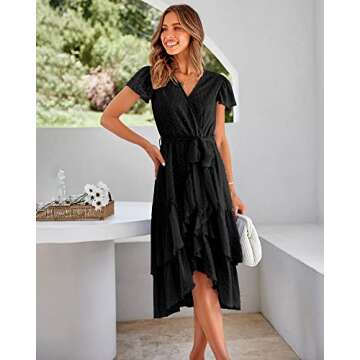 BTFBM Women Casual V Neck Dresses Boho Short Sleeve Chiffon Swiss Dot Belted Ruffle Wrap 2024 Summer Wedding Party Dress(Swiss Dot Black, Large)