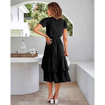 BTFBM Women Casual V Neck Dresses Boho Short Sleeve Chiffon Swiss Dot Belted Ruffle Wrap 2024 Summer Wedding Party Dress(Swiss Dot Black, Large)