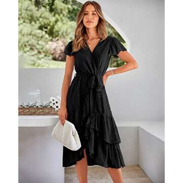 BTFBM Women Casual V Neck Dresses Boho Short Sleeve Chiffon Swiss Dot Belted Ruffle Wrap 2024 Summer Wedding Party Dress(Swiss Dot Black, Large)
