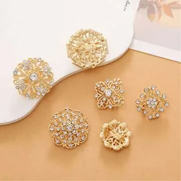 Lovejftty 36 Pieces Gold Wedding Bouquet Brooches for Women Fashion, Rhinestone Bulk Flower Brooch Pins for Crafts (Gold-36pcs)