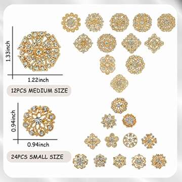 Lovejftty 36 Pieces Gold Wedding Bouquet Brooches for Women Fashion, Rhinestone Bulk Flower Brooch Pins for Crafts (Gold-36pcs)