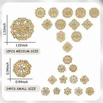 Lovejftty 36 Pieces Gold Wedding Bouquet Brooches for Women Fashion, Rhinestone Bulk Flower Brooch Pins for Crafts (Gold-36pcs)