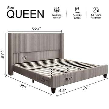 HOWE Queen Size Upholstered Platform Bed Frame, Wingback Bed with 50.8" Headboard, Corduroy/Solid Wo...
