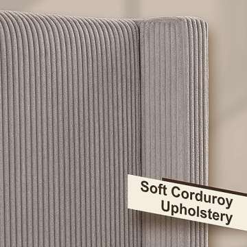 HOWE Queen Size Upholstered Platform Bed Frame, Wingback Bed with 50.8" Headboard, Corduroy/Solid Wood Leg/No Box Spring Needed/Noise Free/Taupe