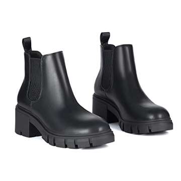 Athlefit Women's Chelsea Boots Fashion Lug Sole Chunky Heel Slip on Elastic Ankle Black Booties Size 7