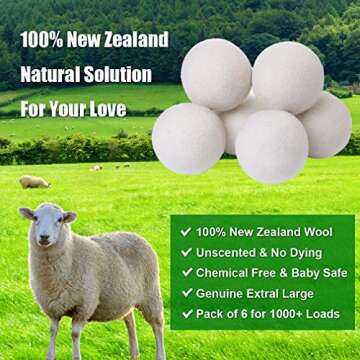 KINTOR Wool Dryer Balls XL 6 Pack 2.95", 100% New Zealand Wool Organic Fabric Softener, Hypoallergen...