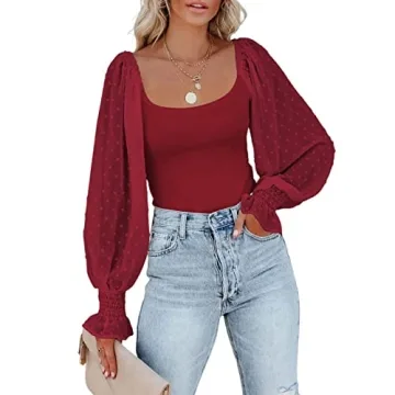 Tunlaud Women Square Neck Puff Long Sleeve Bodysuit Jumpsuit Off Shoulder Leotard Sheer Polka Dot Sl...