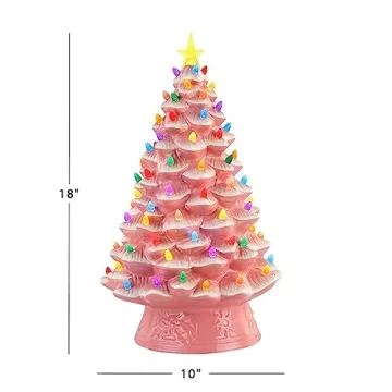 Mr. Christmas Nostalgic Ceramic Christmas Tree with LED Lights Indoor Decoration, 18 Inches, Pink