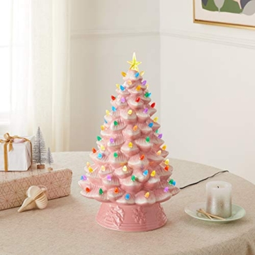 Mr. Christmas Nostalgic Ceramic Christmas Tree with LED Lights Indoor Decoration, 18 Inches, Pink