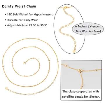 PEARLADA Minimalist Beach Bikini Body Chain 18K Gold Satellite Belly Chain Handmade Adjustable Jewelry for Women Girls Fashion Sexy Waist Chain