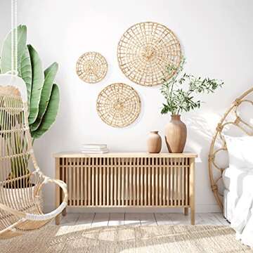 Artera Wicker Wall Basket Décor - Set of 3 Oversized D20" to D10", Natural Hanging Woven Baskets, Round Organic Wall Basket Decor Disks for Living Room or Bedroom, Unique Wall Plaque