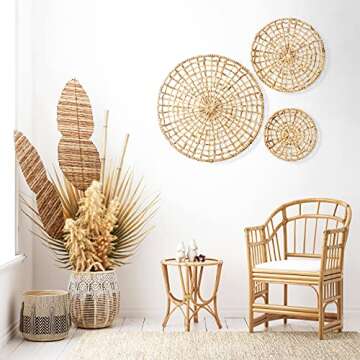 Artera Wicker Wall Basket Décor - Set of 3 Oversized D20" to D10", Natural Hanging Woven Baskets, Round Organic Wall Basket Decor Disks for Living Room or Bedroom, Unique Wall Plaque