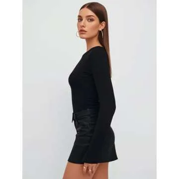 SUPOMAX Basic Long Sleeve Tops for Women Slim Fit Crew Neck Going Out Shirts Trendy Streetwear (US, Alpha, Small, Regular, Regular, Black)