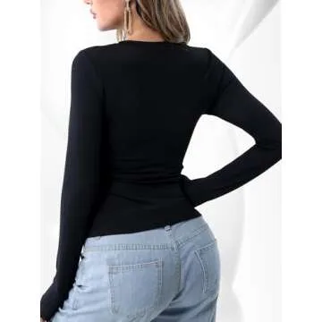 SUPOMAX Basic Long Sleeve Tops for Women Slim Fit Crew Neck Going Out Shirts Trendy Streetwear (US, Alpha, Small, Regular, Regular, Black)