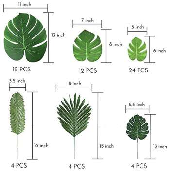 CADNLY Artificial Palm Leaves Decorations - 60 pcs 6 Kinds Faux Tropical Leaves for Jungle Theme Party Supplies Safari Decorations Fake Monstera Leaf for Luau Dinosaur Hawaiian Party Decoration