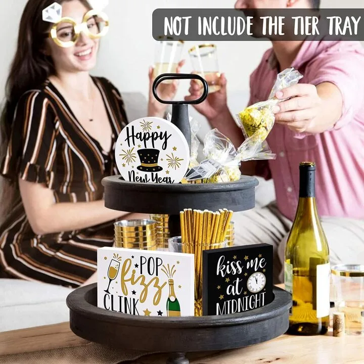 New Year Wooden Tiered Tray Decor Set of 3