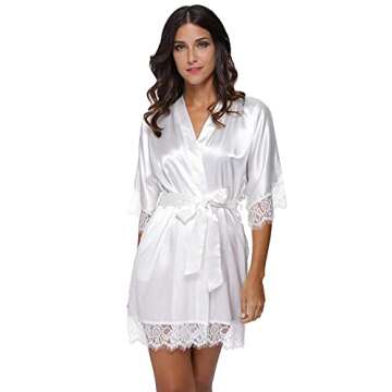 The Bund Satin Kimono Robes with Lace Trim for Bridal Party Sexy Bathrobe Short Lingerie Robe White S
