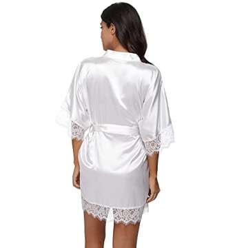 The Bund Satin Kimono Robes with Lace Trim for Bridal Party Sexy Bathrobe Short Lingerie Robe White S