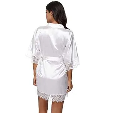 The Bund Satin Kimono Robes with Lace Trim for Bridal Party Sexy Bathrobe Short Lingerie Robe White S