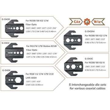 GIZWIZ Ergonomic RF Coax Quick Change Portable Crimp Tool Kit 5 Interchangeable Die Sets