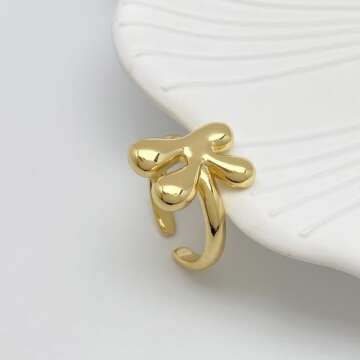 Bubble Initial Ring For Women ，Dainty Balloon Letter Rings 14k Gold Plated Open Adjustable Unique ...
