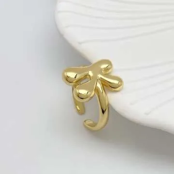 Bubble Initial Ring For Women ，Dainty Balloon Letter Rings 14k Gold Plated Open Adjustable Unique ...