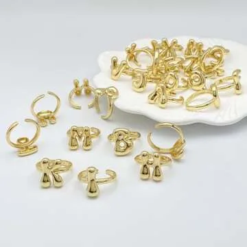 Bubble Initial Ring For Women ，Dainty Balloon Letter Rings 14k Gold Plated Open Adjustable Unique Gift Jewelry (Gold letter K)
