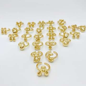 Bubble Initial Ring For Women ，Dainty Balloon Letter Rings 14k Gold Plated Open Adjustable Unique Gift Jewelry (Gold letter K)