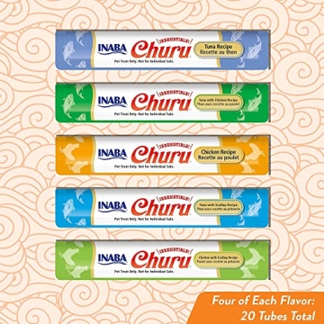 INABA Churu Cat Treats - 5 Flavor Variety Pack of 20 Tubes