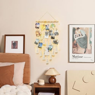 Mkono Hanging Photo Display with Light and 2 Pcs Small Macrame Wall Hanging Boho Home Decor Ornament Craft Gift for Home Office Nursery Room Dorm