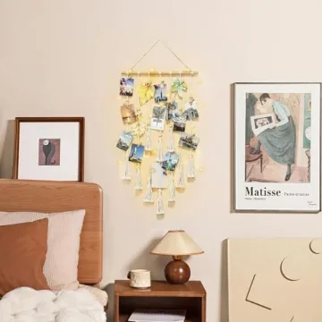 Mkono Hanging Photo Display with Light and 2 Pcs Small Macrame Wall Hanging Boho Home Decor Ornament Craft Gift for Home Office Nursery Room Dorm