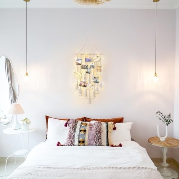 Mkono Hanging Photo Display with Light and 2 Pcs Small Macrame Wall Hanging Boho Home Decor Ornament Craft Gift for Home Office Nursery Room Dorm