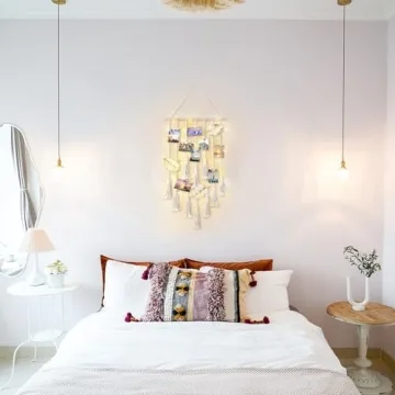 Mkono Hanging Photo Display with Light and 2 Pcs Small Macrame Wall Hanging Boho Home Decor Ornament Craft Gift for Home Office Nursery Room Dorm