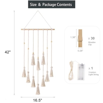 Mkono Hanging Photo Display with Light and 2 Pcs Small Macrame Wall Hanging Boho Home Decor Ornament Craft Gift for Home Office Nursery Room Dorm