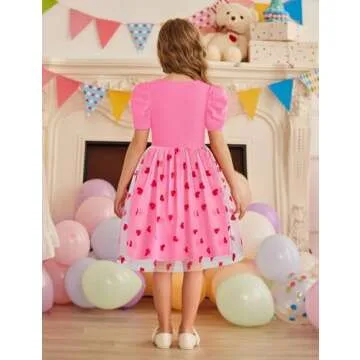 Arshiner Todller Tutu Dresses Valentine Party Formal Wedding Flower Puff Sleeve Tulle Spring Kid Dress Pink Heart 7-8