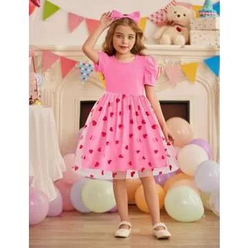 Arshiner Todller Tutu Dresses Valentine Party Formal Wedding Flower Puff Sleeve Tulle Spring Kid Dress Pink Heart 7-8