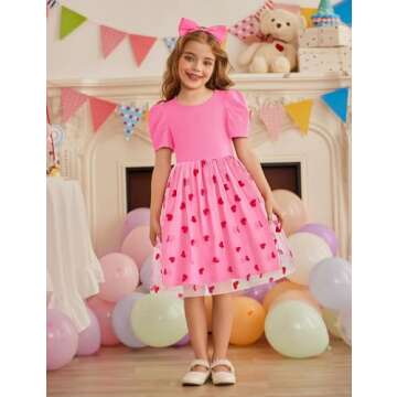Arshiner Todller Tutu Dresses Valentine Party Formal Wedding Flower Puff Sleeve Tulle Spring Kid Dress Pink Heart 7-8