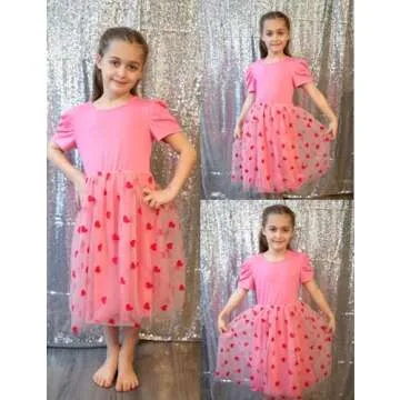 Arshiner Todller Tutu Dresses Valentine Party Formal Wedding Flower Puff Sleeve Tulle Spring Kid Dress Pink Heart 7-8
