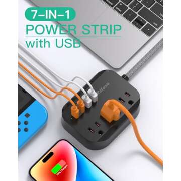 10FT Power Strip with USB Ports - Extension Cord with 3 Outlets and 3 USB Charging Ports, Flat Plug,...