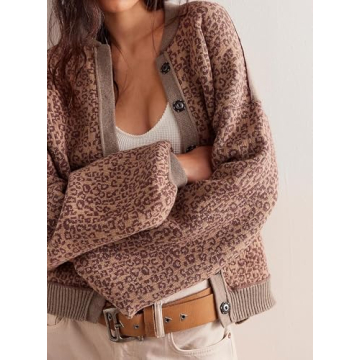 MISSACTIVER Women Leopard Print Button Down Knit Cardigan Long Sleeve Open Front Cheetah Graphic Sweater Cardigans Outwear Brown