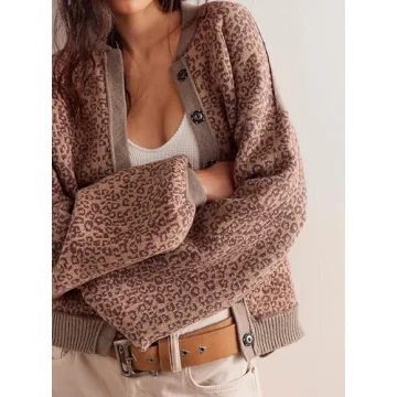MISSACTIVER Women Leopard Print Button Down Knit Cardigan Long Sleeve Open Front Cheetah Graphic Sweater Cardigans Outwear Brown